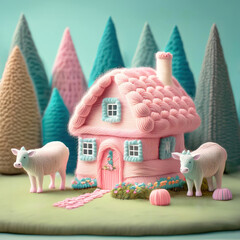 毛糸で編んだ家（うし・花）