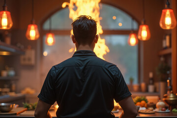 Chef is seen from behind, focused on cooking at a stove with flames visible through the window of his restaurant kitchen.
