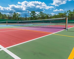 A pickleball court with bright colorful lines and a modern net set against a backdrop of green trees and blue skies capturing the sport's vibrant atmosphere