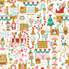 Christmas factory seamless pattern with elves packing gifts for children. Hand drawn vector cartoon illustration in retro style, fantasy mechanisms, tools, pipes. Isolate on a white background.