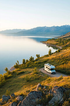 Scenic View of RV by the Lake with Mountains