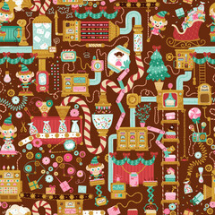Christmas factory seamless pattern with elves packing gifts for children. Hand drawn vector cartoon illustration in retro style, fantasy mechanisms, tools, pipes. Chocolate background.