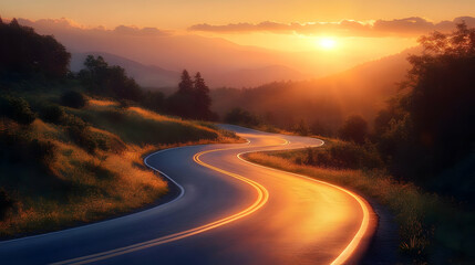 Winding road through a scenic landscape at sunset.
