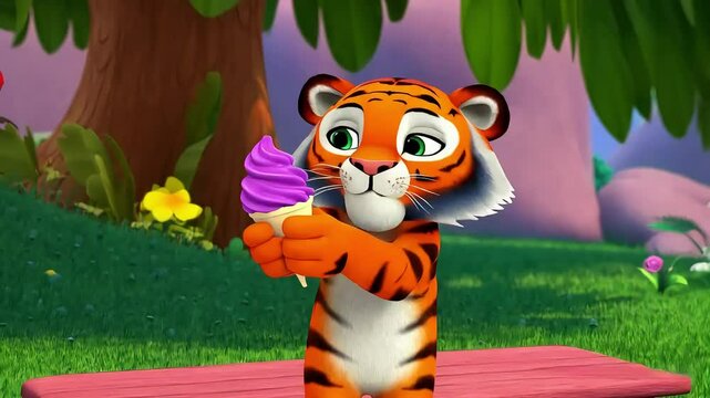 A cartoon tiger enjoys a purple ice cream cone.