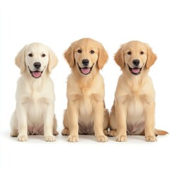 Obraz premium Bundle of Joy: Three Happy Golden Retrievers Sitting and Standing in Portrait Set, Isolated on White Background as Animal Collection