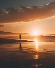 Fototapeta premium Silhouetted Runner on Tranquil Beach with Sunset Horizon