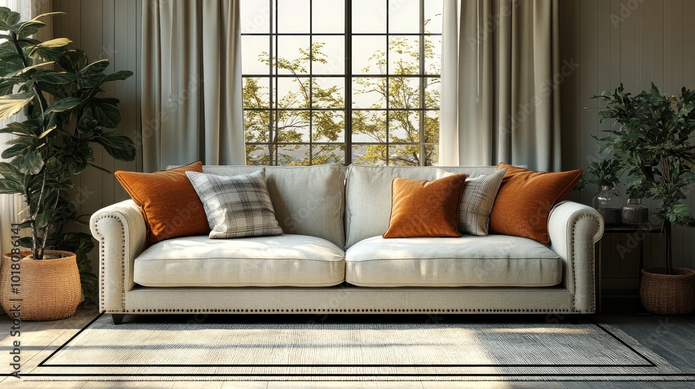 Sticker Cozy Living Room with White Sofa and Orange Pillows