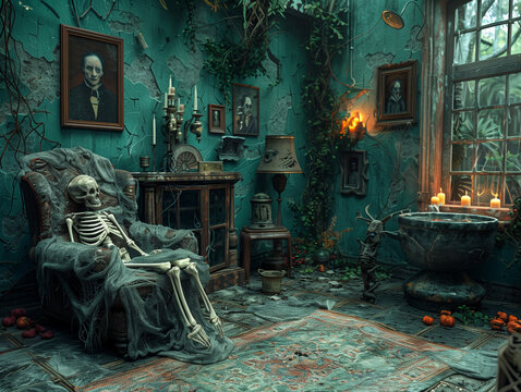 Casa embrujada con decoraci&oacute;n de Halloween, caldero burbujeante y esqueleto en un sill&oacute;n antiguo
