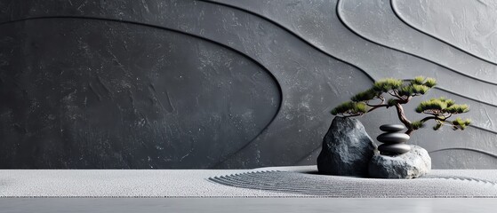 Zen garden with perfectly arranged rocks, minimal design, 3D illustration