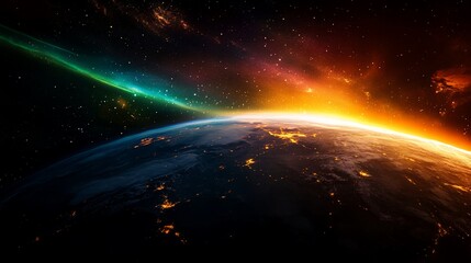 A vibrant sunrise over Earth from space, with a bright aurora borealis illuminating the horizon.