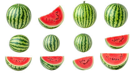  fresh red watermelon isolated on transparent background in various angles and positions, cut and whole