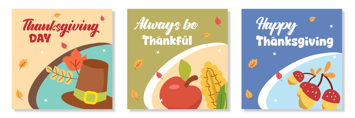 Autumn fall season. Happy thanksgiving greeting with plants, food, and background set for poster, invitation, card, flyer, cover, banner, social media, sale, advertising. Harvest vector illustration