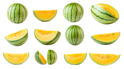  fresh yellow watermelon isolated on transparent background in various angles and positions, cut and whole