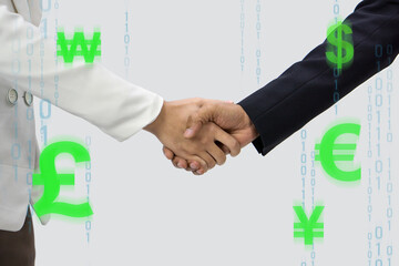 Two people in suit are shaking hand, symbolizing agreement and partnership, with numeric digits and various currency symbol scattered around.