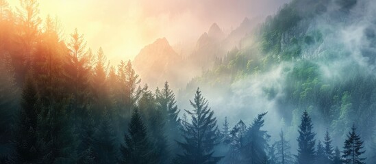 Naklejka premium Serene Mountain Forest with Mist and Sunset Sky in Enchanted Landscape