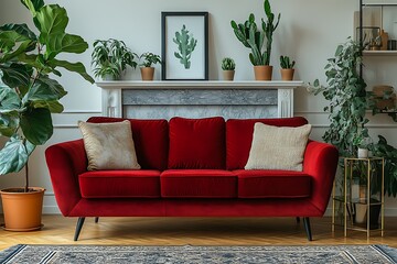 Obraz premium Cozy living room with a red sofa and indoor plants.
