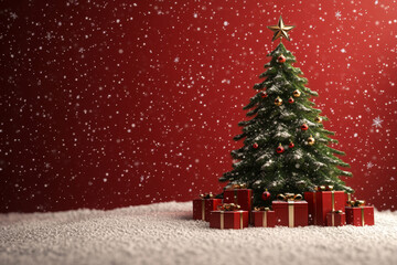 Obraz premium Green Christmas tree with stars and gift boxes lying on the snow on a red background