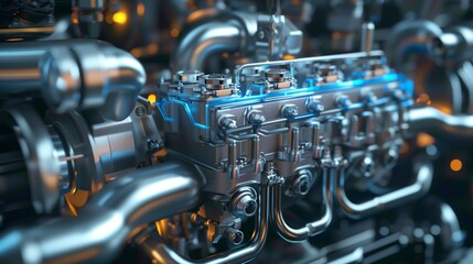 Fototapeta premium High-Tech Automotive Engine Close-Up – Advanced Engineering and Precision Technology in Manufacturing