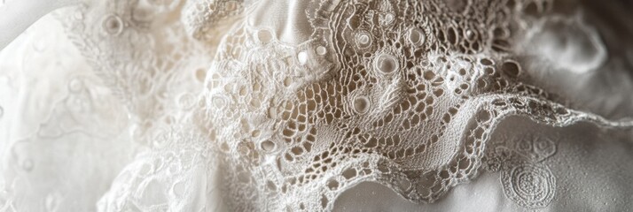 Naklejka premium Intricate Lace Detail, showcasing the delicate patterns and textures of fine lace fabric, perfect for textile design inspiration and fashion applications