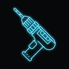 Glowing neon line electric drill icon isolated on black background vector illustration