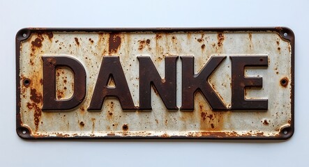 danke lettering on antique rugged rusty metal sign on plain white background