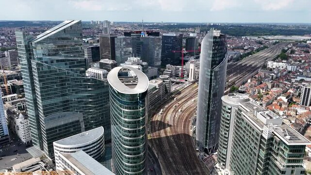 Drone shot of high-rise office buildings in northern Brussels, Belgium