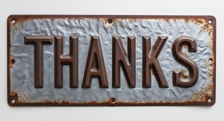 give thanks lettering on antique rugged rusty metal sign on plain white background