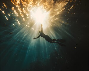Silhouetted Diver Plunging Into Sunlit Ocean Waters Concept of Adventure and