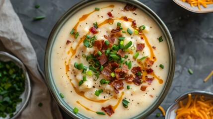Hearty Potato Soup Garnished with Bacon, Cheddar, and Chives. Instant Pot Baked Potato Soup