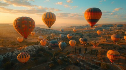 Obraz premium Hot air balloons floating over cappadocia at sunrise with golden light