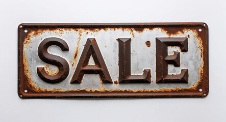 sale lettering on antique rugged rusty metal sign on plain white background