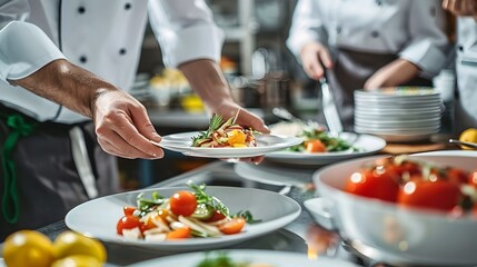 Experienced Chefs Engage in Culinary Competition Plating Dishes with Precision for Judges  Critique