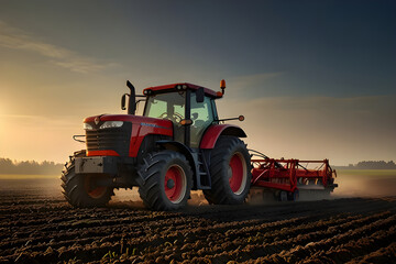 Fototapeta premium A modern agricultural machinery and farming practices are demonstrated by a red tractor that is plowing a field in the early morning light.