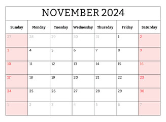 November 2024 ENGLISH month calendar. Vector printable illustration. Monthly planning for business events