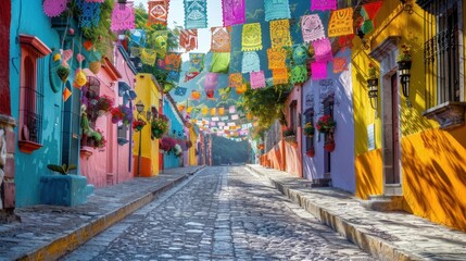 Obraz premium Vibrant Mexican Street with Colorful Paper Flags and Traditional Architecture