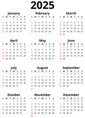 2025 year english printable calendar. Modern vector template