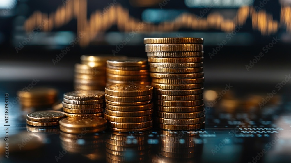 Poster Stacks of gold coins increasing in value on a stock chart background