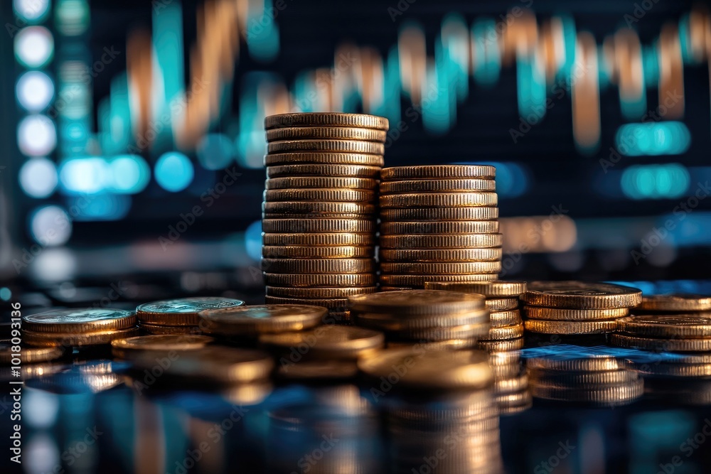 Poster gold coins stacked on each other reflecting from a surface with stock market charts in background