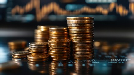 Stacks of gold coins increasing in value on a stock chart background