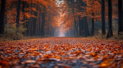 Forest path covered with orange leaves disappearing into fog