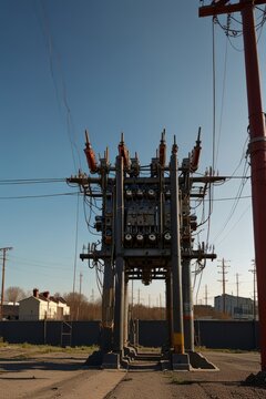 A transformer at an electrical substation. Transmission of electricity.