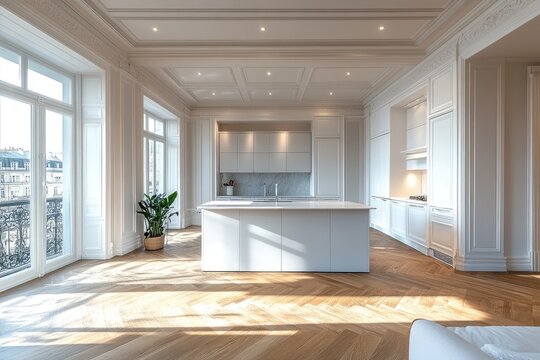 Modern white kitchen in luxurious apartment with herringbone parquet flooring bathed in sunlight