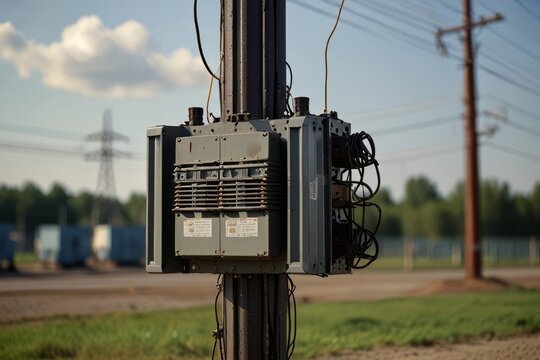 A transformer at an electrical substation. Transmission of electricity.