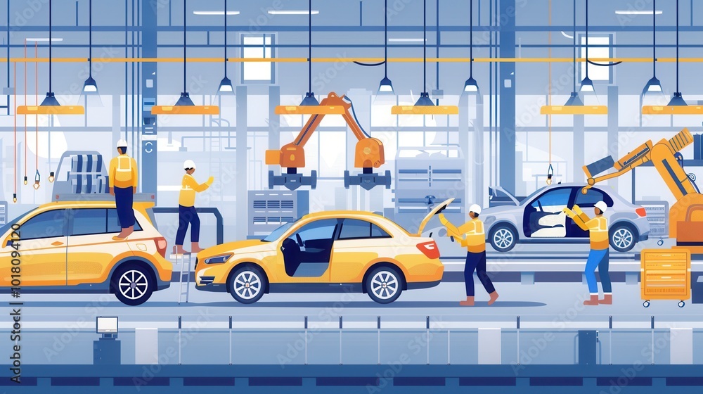 Fototapete a team of workers actively installs and inspects car interiors while utilizing robotic tools on a vi