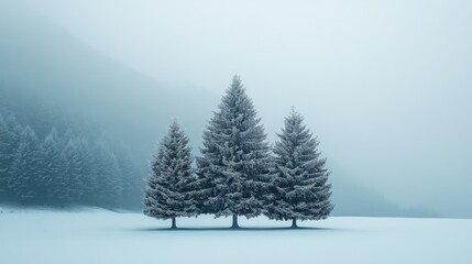 Three pine trees standing on snow covered field in winter
