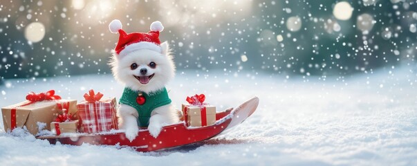 Pomeranian dog wearing Christmas santa costume in snow and winter,funny cute puppy in red santa claus hat with gift in christmas day,pet friendly concept,banner december holiday.