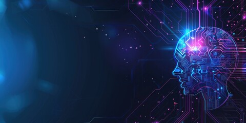 Obraz premium Digital human head silhouette with circuit board pattern and glowing nodes. Futuristic concept of artificial intelligence and technology with copy space.