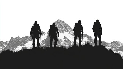 Group of four climbers standing on mountain ridge looking at snowy peaks
