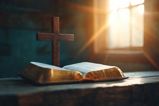 Open holy bible and christian cross resting on a table in church with sunbeam