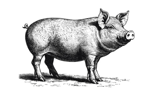 recommend clip art: Pig, hog, boar. Vintage retro print, black white pig sketch ink pencil style drawing, linear drawing, engrave old school. Sketch artwork silhouette pig, hog, boar. Side view profile. Illustration